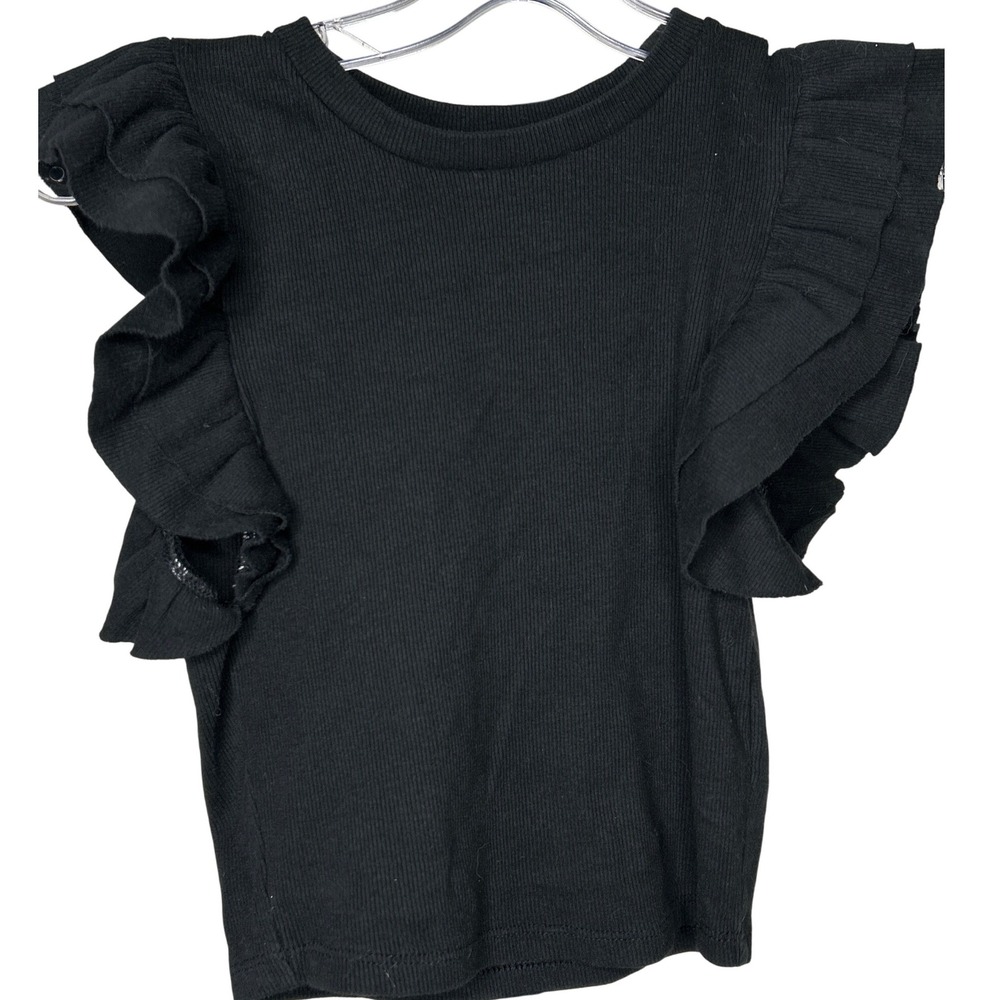 ZARA Women's Black Cropped Ribbed Ruffle Sleeve T Shirt Top Size M